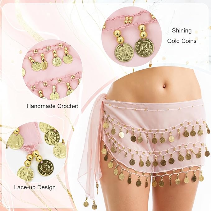 Belly Dance Hip Scarf Belly Dance Skirt 3-Layer Gold Sequins and Coins, Suitable for Yoga, Belly Dance, Performance