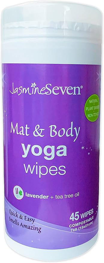 Yoga Wipes for Body and Mat - Natural Lavender and Tea Tree - 45 Wipes in Resealable Canister - by Jasmine Seven