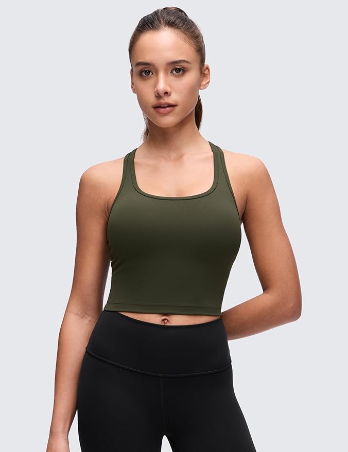CRZ YOGA Butterluxe Racerback Crop Tank Tops for Women - Padded Y-Back Longline Sports Bras Scoop Neck Workout Yoga
