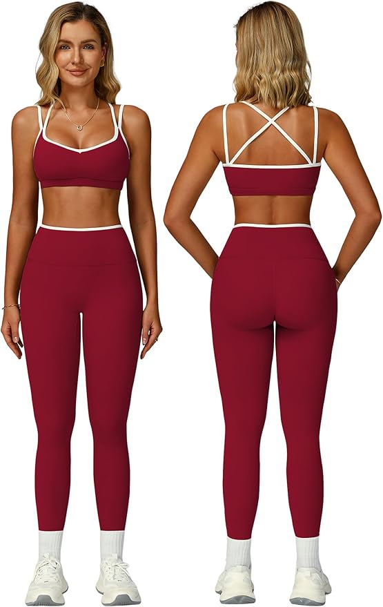 ABOCIW Two Piece Workout Sets for Women Color Block Strappy Sports Bra High Waist Leggings Yoga Pilates Outfits