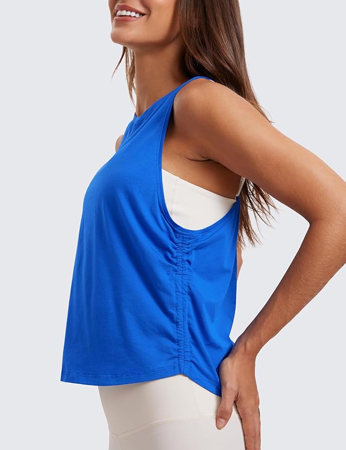 CRZ YOGA Pima Cotton Ruched Side Tank Tops for Women - Workout Athletic Casual Racerback Crewneck Loose Sleeveless Shirts