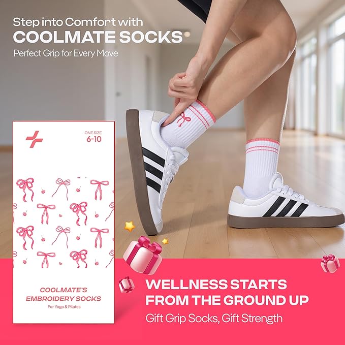 CoolMate Pilates Socks with Grips for Women, Yoga Socks, Crew Non Slip Women for Barre, Pilates Gifts for Women