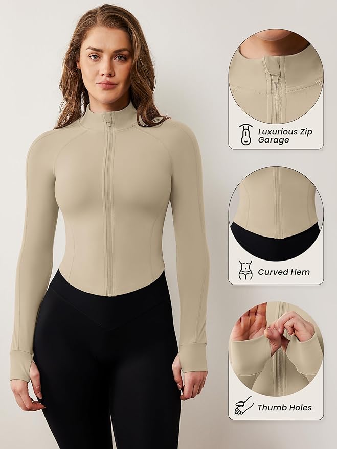 AVGO Women's Workout Jacket Lightweight Zip Up Cropped Yoga Jackets Slim Fit Athletic Tops with Thumb Holes