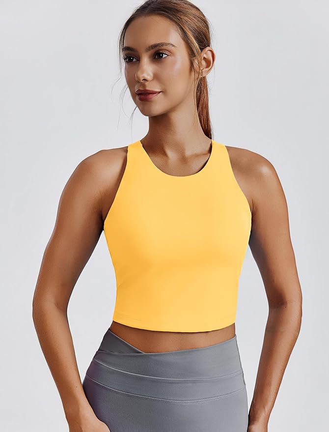 PINSPARK Women Sports Bra High Neck Racerback Workout Crop Tank Top Longline Padded Yoga Tops with Built in Pads