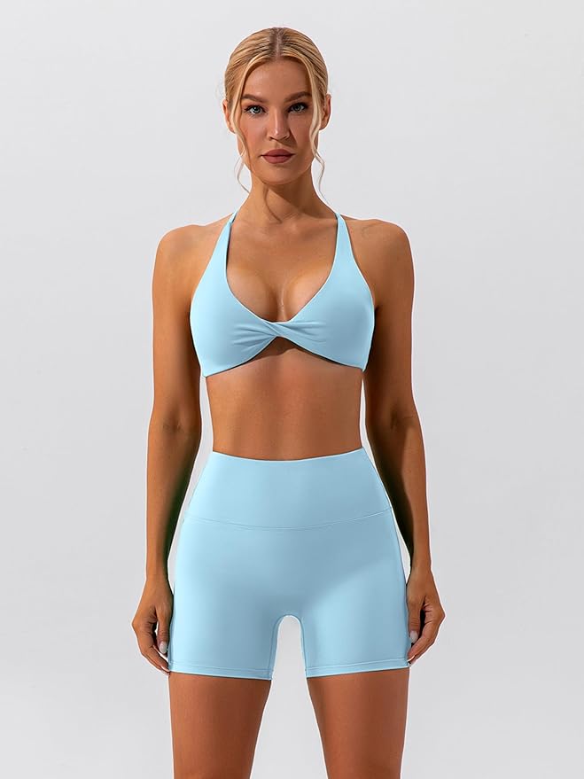 ABOCIW Workout Sets for Women 2 Piece Twist Front Halter Sports Bras High Waist Biker Shorts Exercise Gym Yoga Outfit