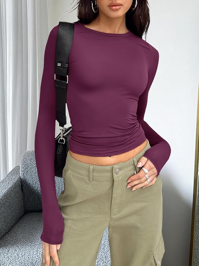 Trendy Queen Womens Long Sleeve T Shirts Fall Fashion 2026 Basic Crop Tops Going Out Outfits Y2k Clothes