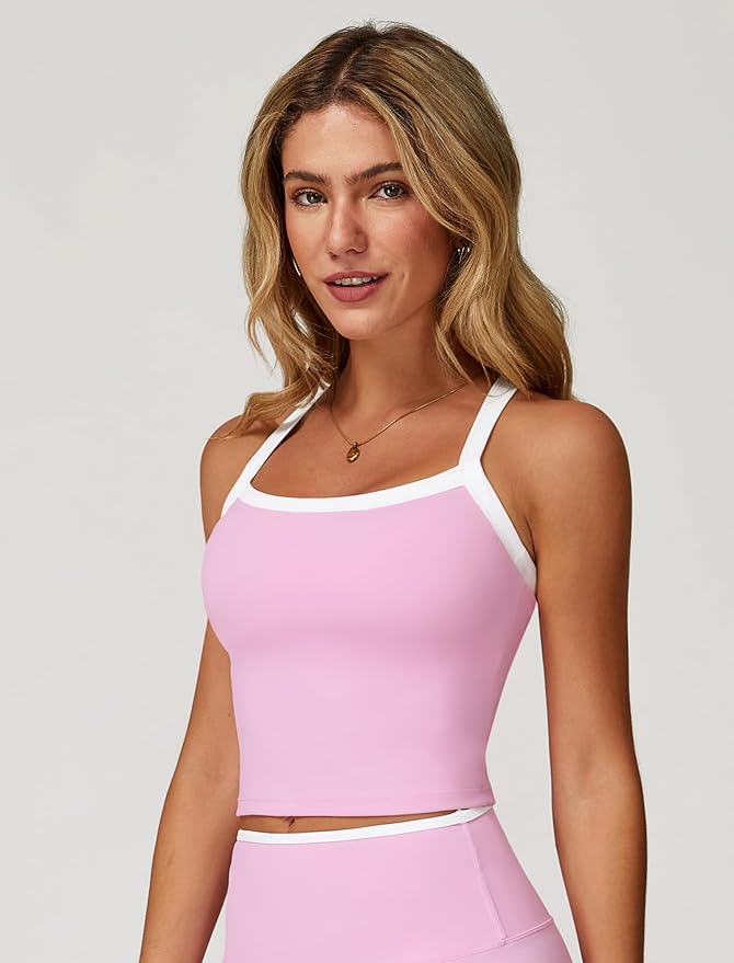 QBGJTD Womens Longline Sports Bras Cross Back Active Gym Yoga Padded Workout Crop Tank Top with Built in Bra