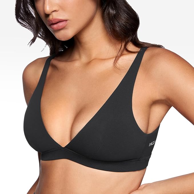 INGIA Womens Deep V-Neck Sports Bra Padded Low Impact Fitness Yoga Bra U Back Wireless Workout Bra Contour Crop Top