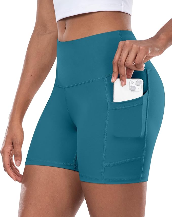 CHRLEISURE Womens Biker Yoga Shorts with Pocket, High Waisted Tummy Control 5 Inch Workout Spandex Athletic Gym Shorts