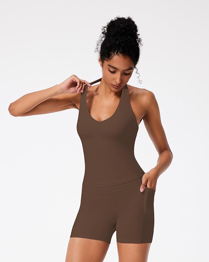 RXRXCOCO Halter Workout Sets for Women 2 Piece V Neck Tank Tops Hidden Scrunch Booty Shorts Gym Outfits with Pockets