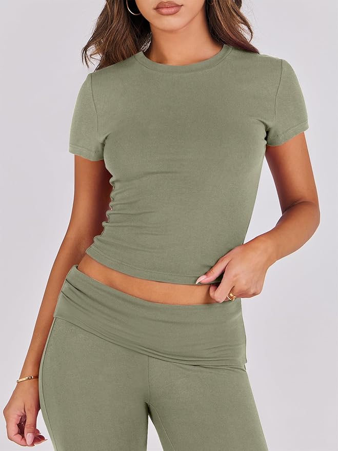 ANRABESS Lounge Sets for Women 2 Piece Foldover Yoga Flare Leggings Pants Crop Tops Casual Y2K Outfits Matching Tracksuit Set