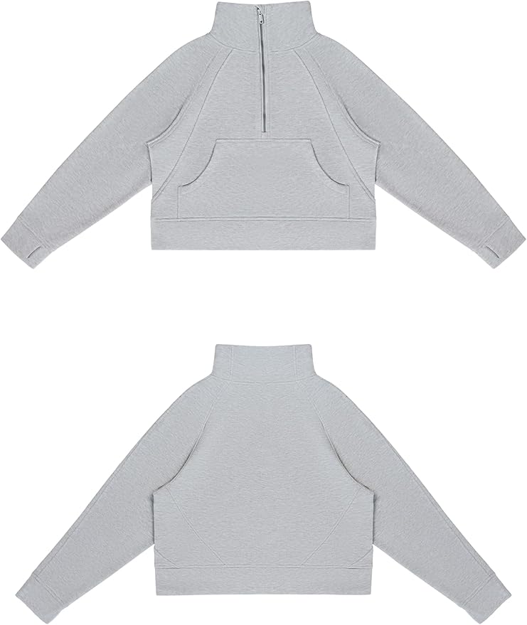 THE GYM PEOPLE Womens' Half Zip Pullover Fleece Stand Collar Crop Sweatshirt with Pockets Thumb Hole