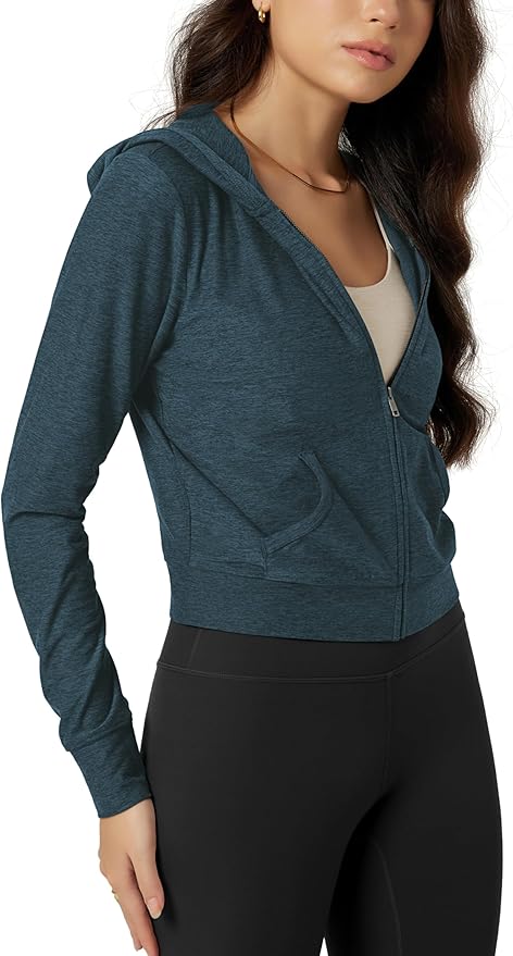 ODODOS Women's Full-Zip Cropped Hoodie - odSTRATUM Tech Ultra Soft UPF 50+ Hooded Jacket with Pockets
