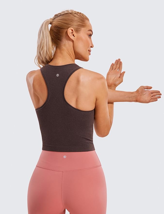 CRZ YOGA Seamless Ribbed High Neck Crop Tank Tops for Women - Longline Racerback Padded Sports Bras