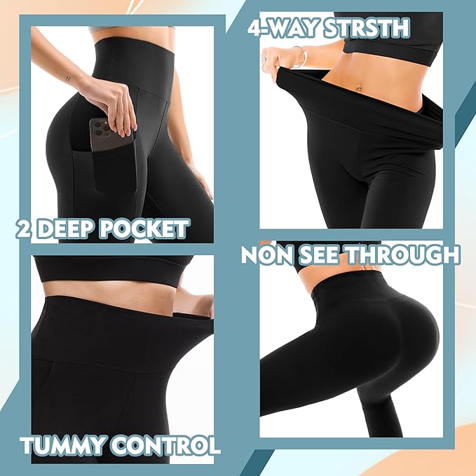 SINOPHANT High Waisted Leggings with Pockets Women, Full Length Capri Buttery Soft Stretchy Yoga Pants