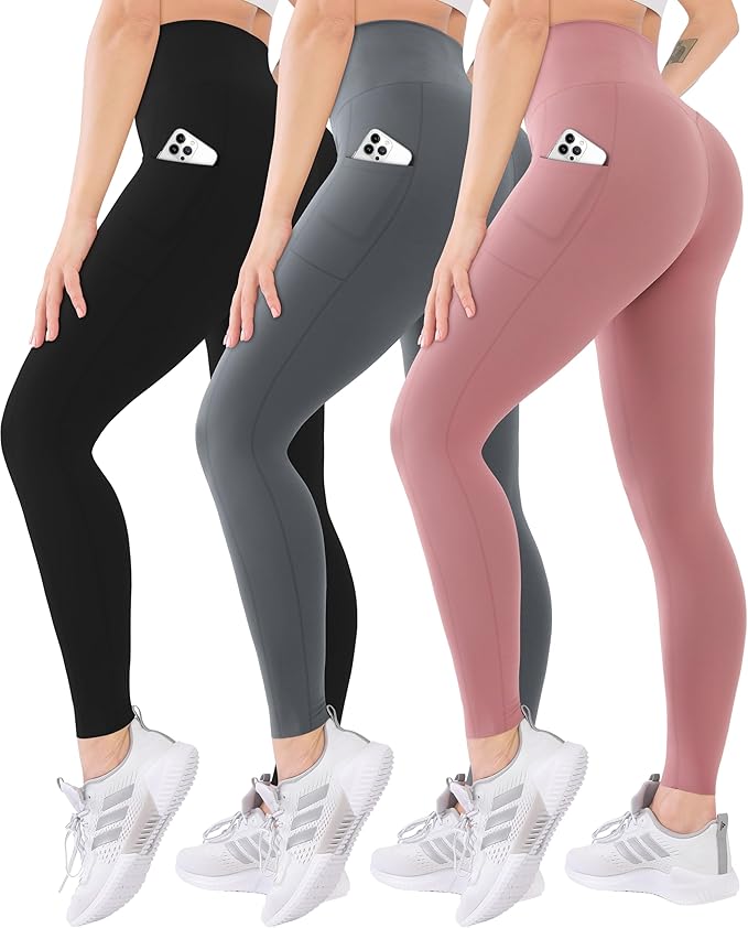 Blisset 3 Pack High Waisted Leggings for Women with Pockets Soft Active Tummy Control Pants for Yoga Running & Daily Wear
