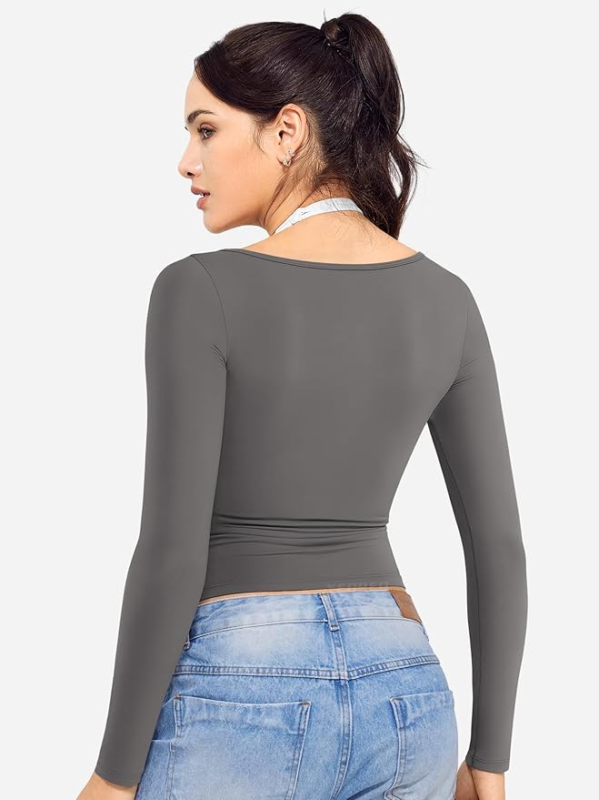 YEOREO Long Sleeve Workout Tops for Women Square Neck Slim Fitted Double Lined Compression Shirt Basic Casual Gym Yoga Tops