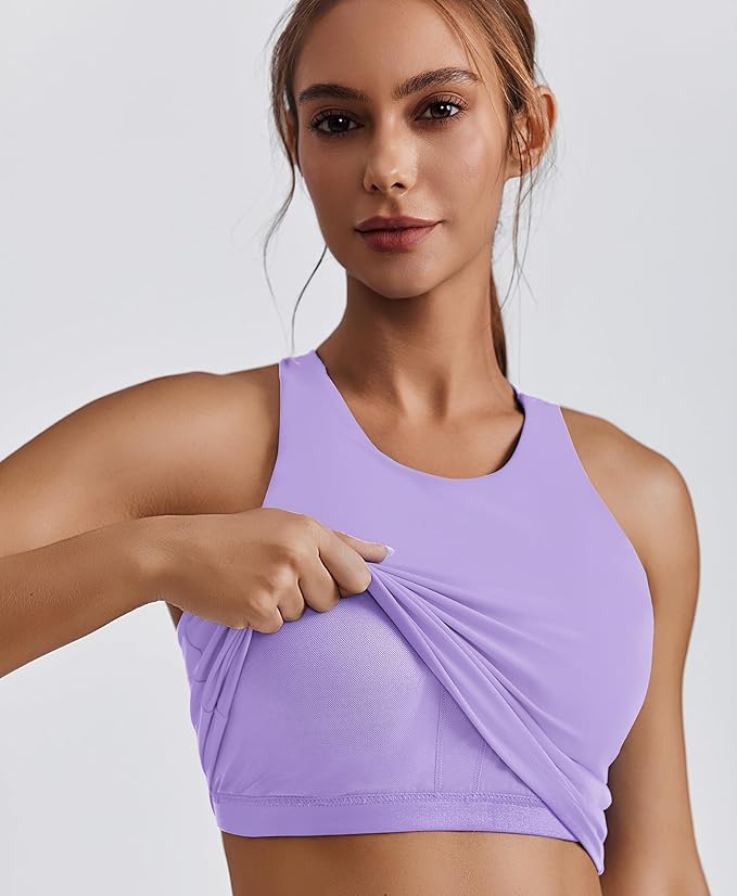 PINSPARK Women Sports Bra High Neck Racerback Workout Crop Tank Top Longline Padded Yoga Tops with Built in Pads