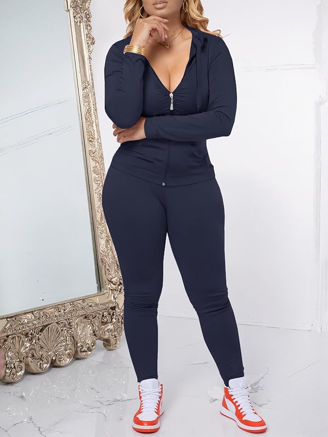 AUXDIO Women 2 Piece Outfits Casual Workout Sets Bodycon Tracksuit Zip Up Long Sleeve Hoodle Jacket Jogger Pants Set