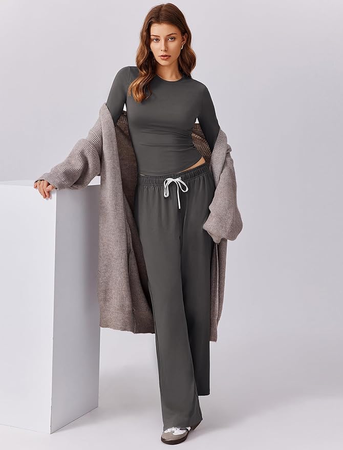 PINSPARK Women 2 Piece Lounge Set Long Sleeve Cropped Top Wide Leg Pants with Pockets 2024 Fall Outfits Matching Tracksuit
