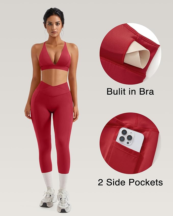 RXRXCOCO 2 Piece Workout Sets for Women Strappy Sports Bra Booty Leggings with Pockets Yoga Gym Outfits