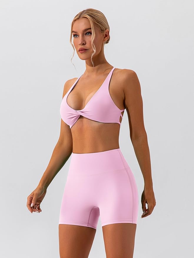 ABOCIW Workout Sets for Women 2 Piece Twist Front Halter Sports Bras High Waist Biker Shorts Exercise Gym Yoga Outfit