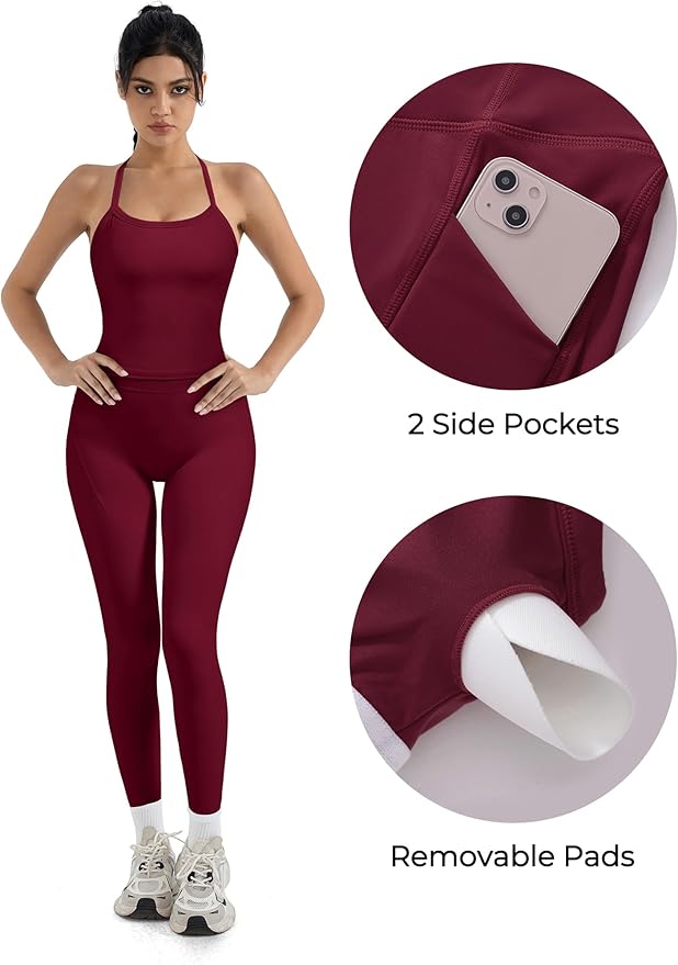 SUUKSESS Women 2 Piece Workout Sets Compression Tummy Control Leggings with Pockets Halter Built in Bra Tank Tops