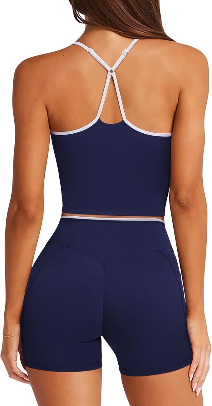 RXRXCOCO Color Block Workout Sets for Women 2 Piece Padded Strappy Tank Tops Hidden Scrunch Booty Shorts with Pockets