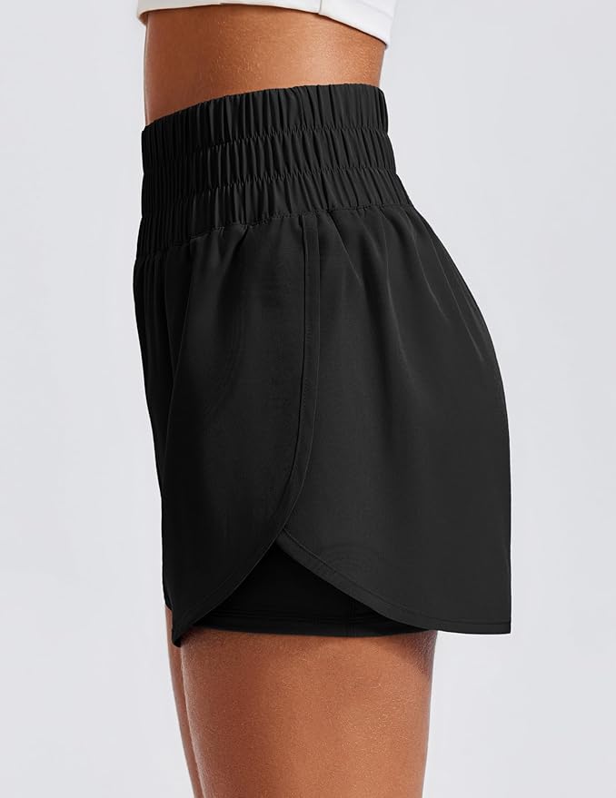 PINSPARK Women's 2 in 1 Running Shorts High-Split Athletic Short High Waisted 3" Liner Workout Gym Short with Pockets
