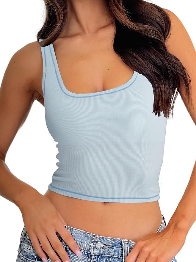 Danysu Women Rib Tank Top Padded Workout Top Square Neck Crop Tank Fitted Basic Cami Tops