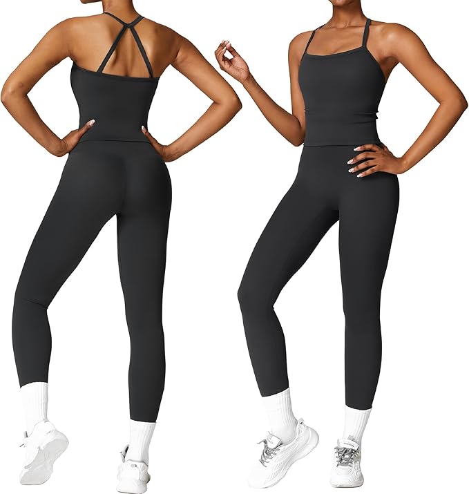 Women 2 Piece Workout Sets (NEW) Yoga Outfit Open Back Tank Top High Waisted Leggings Gym Sets Tracksuits