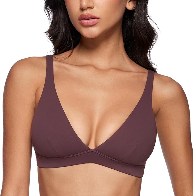 INGIA Womens Deep V-Neck Sports Bra Padded Low Impact Fitness Yoga Bra U Back Wireless Workout Bra Contour Crop Top