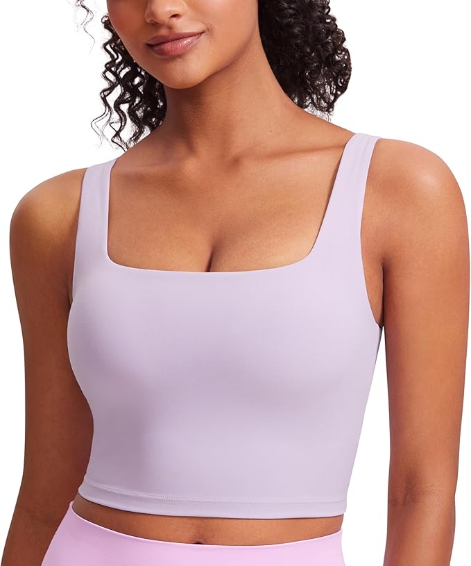 CRZ YOGA Butterluxe Square Neck Crop Tank Tops for Women - Workout Longline Sports Bras Padded Yoga Camisole
