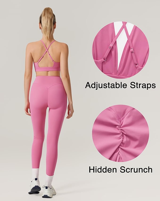 RXRXCOCO 2 Piece Workout Sets for Women Strappy Sports Bra Booty Leggings with Pockets Yoga Gym Outfits