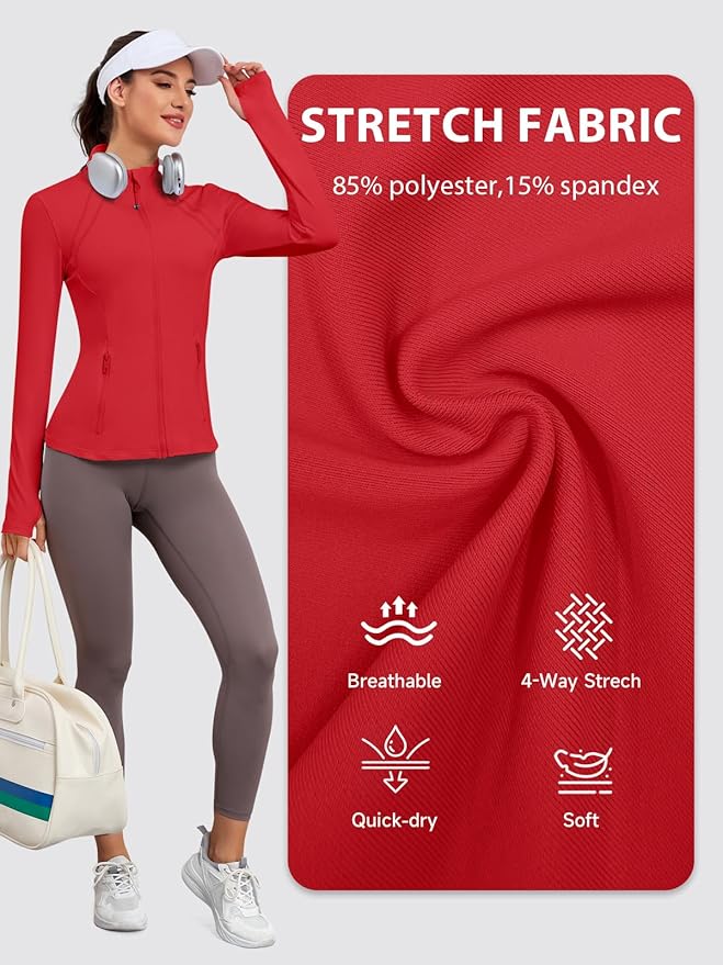 VUTRU Women Athletic Jacket Fitted Workout Running Zip Up Track Coat Layer with Thumb Holes Pockets for Yoga Gym Travel