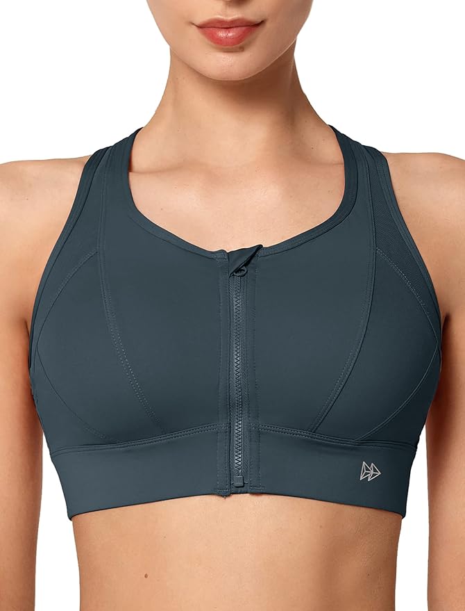 Yvette High Impact Zip Front Sports Bra Mesh Racerback Workout High Support Sports Bras for Women Large Breasts
