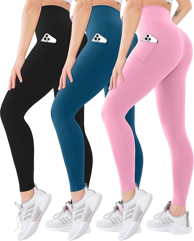 Blisset 3 Pack High Waisted Leggings for Women with Pockets Soft Active Tummy Control Pants for Yoga Running & Daily Wear