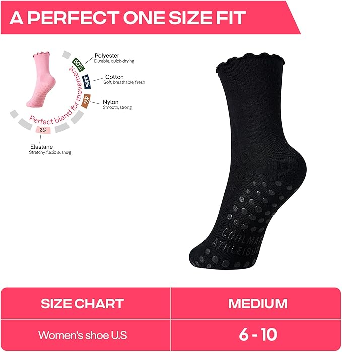 CoolMate Pilates Socks with Grips for Women, Yoga Socks, Crew Non Slip Women for Barre, Pilates Gifts for Women