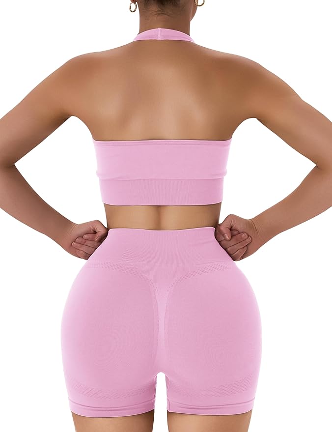 OLCHEE Workout Sets for Women 2 Piece Backless Halter Sports Bra High Waist Booty Shorts Yoga Gym Outfits Lounge Activewear
