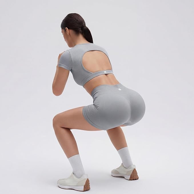 SUUKSESS Womens Workout Sets Open Back Gym Sets Woman Yoga Pilates Crop Tank High Waisted Bike Shorts