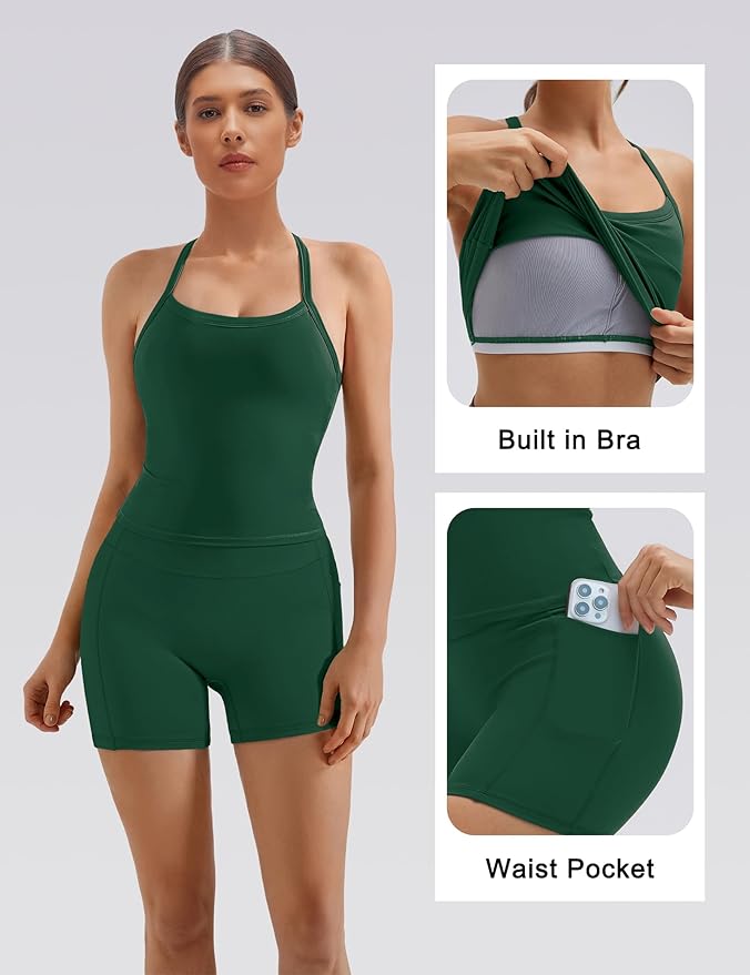 SUUKSESS Women 2 Piece Workout Sets High Waisted Biker Shorts with Pockets Built in bra Racerback Tank Tops
