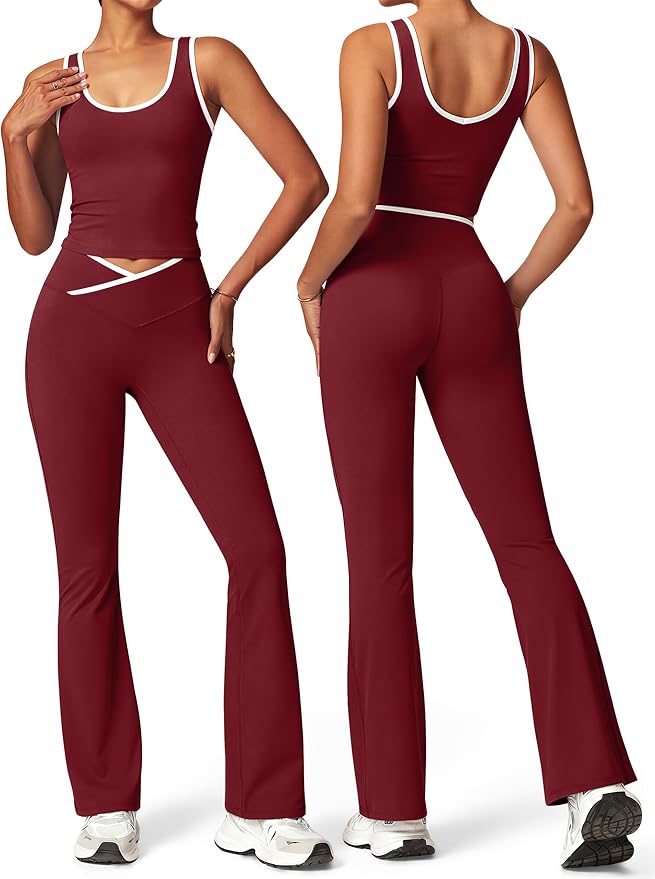 OLCHEE Womens Workout Sets 2 Piece Gym Yoga Outfits Crossover Flare Leggings Crop Tank Top with Contrast Trim