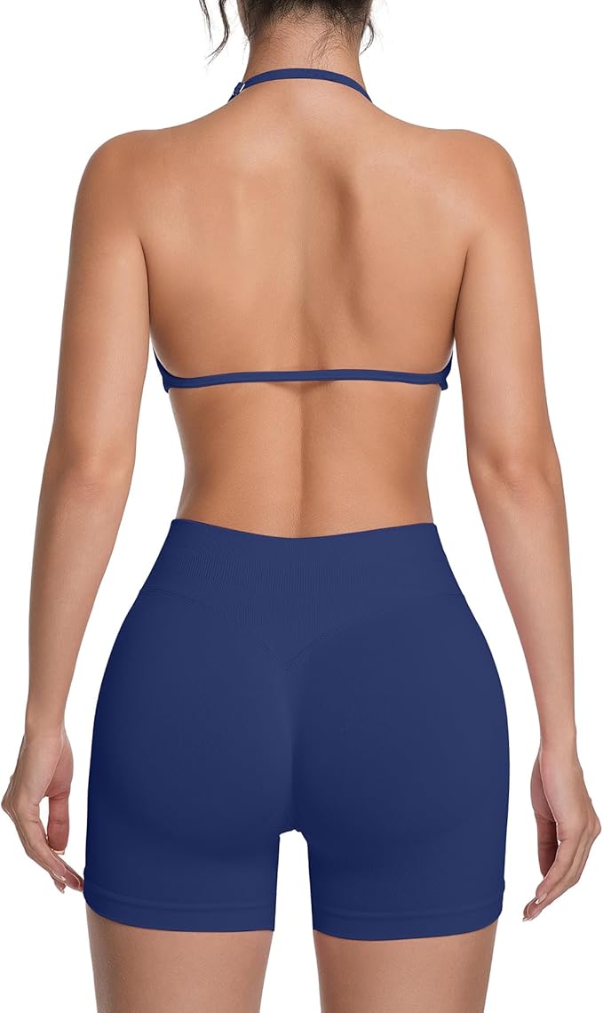 Comper 2 Piece Workout Sets for Women Halter Strappy Sports Bra with Seamless Ribbed Gym Yoga shorts Outfits