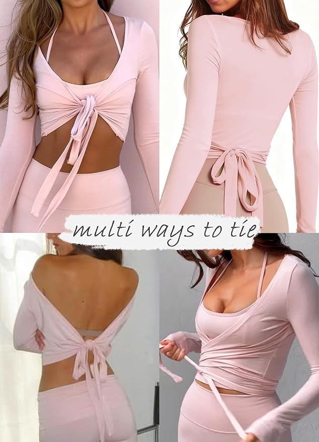 Navneet Women Long Sleeve Ballet Pilates Yoga Wrap Tie Front Tops Workout Gym Shirts Cardigan