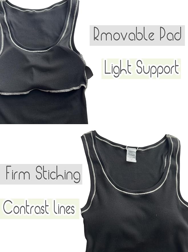 Danysu Women Rib Tank Top Padded Workout Top Square Neck Crop Tank Fitted Basic Cami Tops