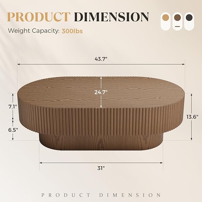 YOUDENOVA 43.7” Oval Coffee Table, Modern Wood Fluted Coffee Table for Living Room, Veneer Handcrafted Relief Center Table with Sturdy Pedestal，Easy Assembly - Walnut