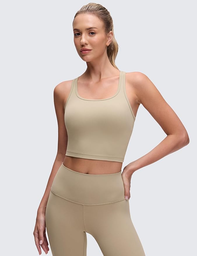 CRZ YOGA Butterluxe Racerback Crop Tank Tops for Women - Padded Y-Back Longline Sports Bras Scoop Neck Workout Yoga
