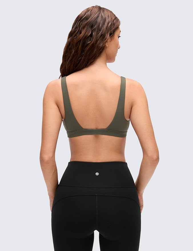 CRZ YOGA Butterluxe Soft Double Lined Deep V Neck Sports Bras for Women - Open Back Yoga Crop Top Casual Non Padded