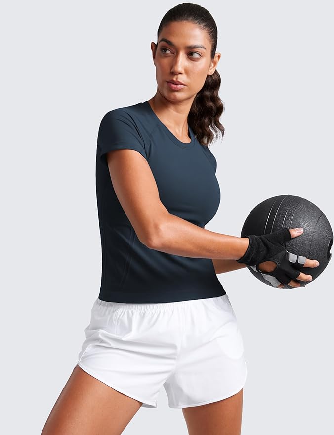 CRZ YOGA Seamless Workout Tops for Women Waist Length - Running Gym Athletic Yoga Short Sleeve Shirts Breathable Crewneck