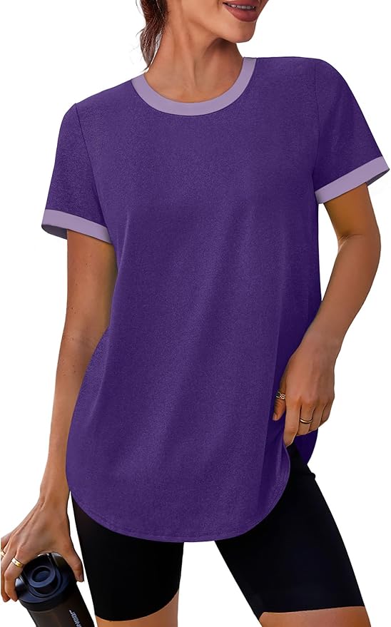 Womens Workout Tops Summer Short Sleeve Shirts Athletic Color Block Gym Clothes Outfits Sun Protection UPF 50+ T Shirts